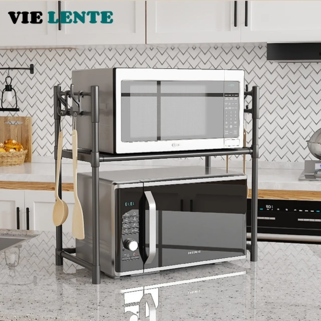 Huanix (2 Layer-Black)Kitchen Storage Rack Multi-Layer Microwave Rack Simple Standing Countertop Co…