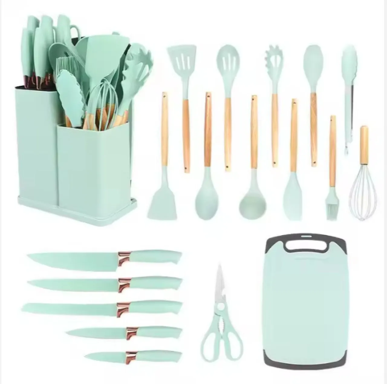 EverythingMART 19 pc Light Green Silicone Cooking Utensil Set Silicone, Wood Brush, Cooking Spoon, …