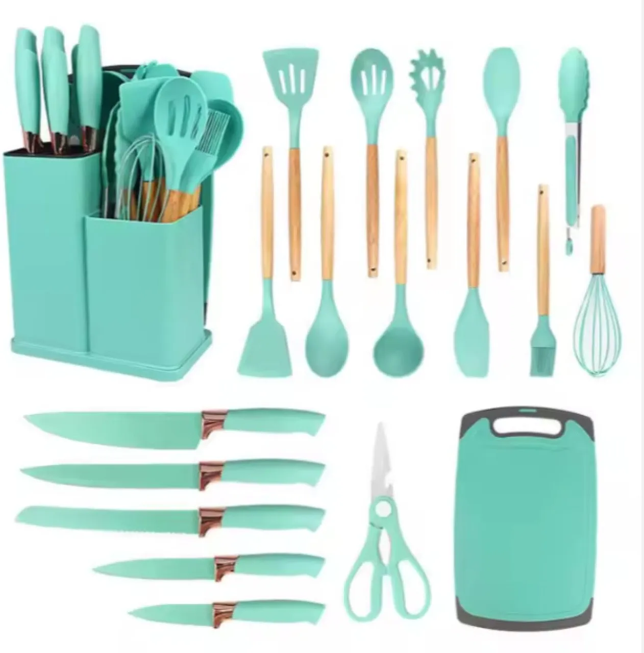 EverythingMART 19 pc Green Silicone Cooking Utensil Set Silicone, Wood Brush, Cooking Spoon, Scisso…