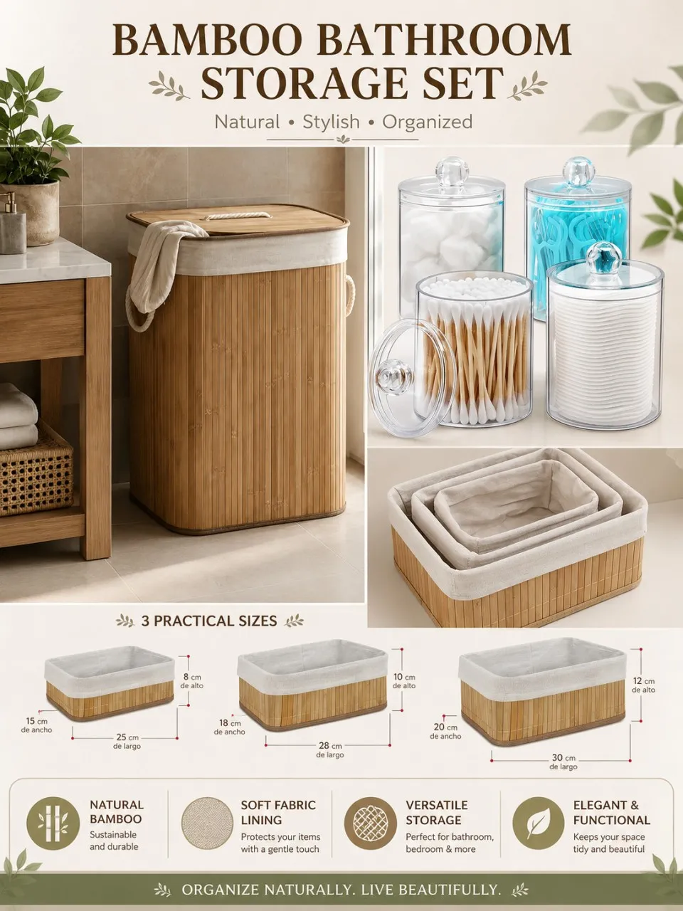 8 Bamboo Bathroom Storage set 30 L beige Laundry Storage Basket