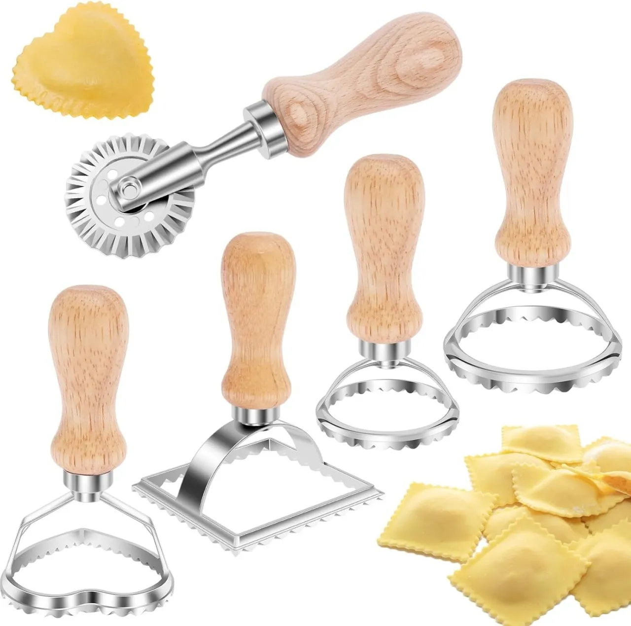 LIUHUI 5Pcs Ravioli Stamp Maker Cutter with Roller Wheel, Pasta Roller Cutter Round/Square/Heart Sh…