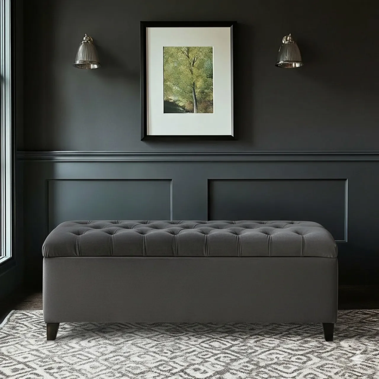 Eco-Nest Essentials Vittoria Dark Grey Velvet Upholstered Storage Ottoman Super King Size (200 cm) …