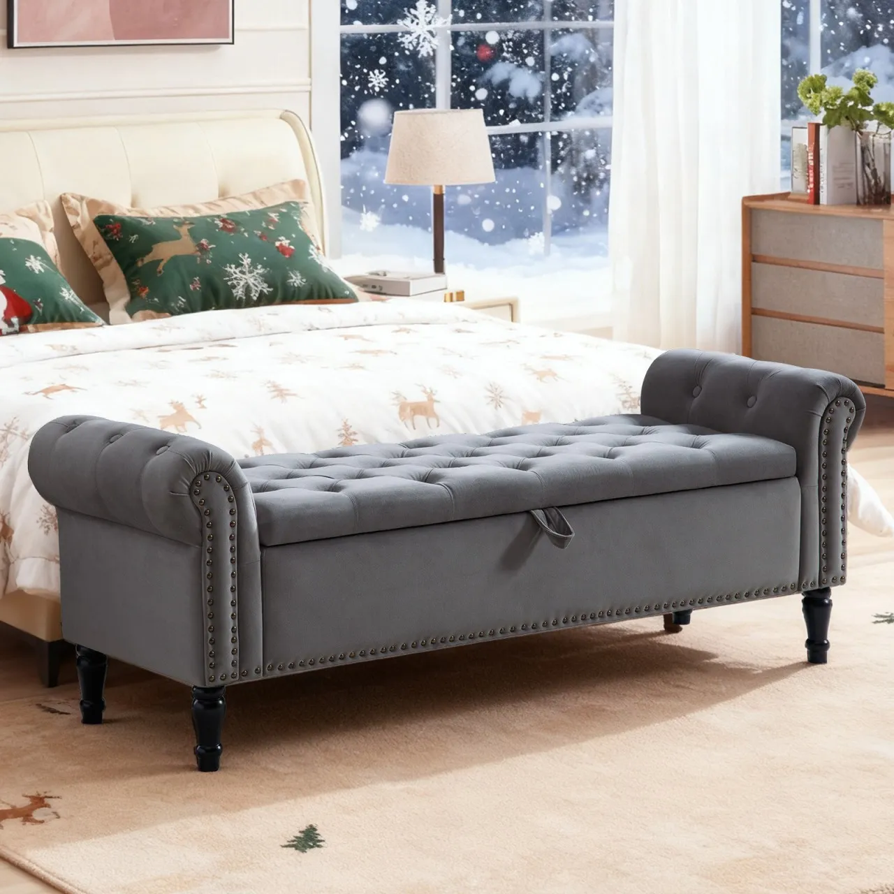 Eco-Nest Essentials Dark Grey Velvet Upholstered Storage Ottoman Queen Size (152 cm) Fabric Standar…