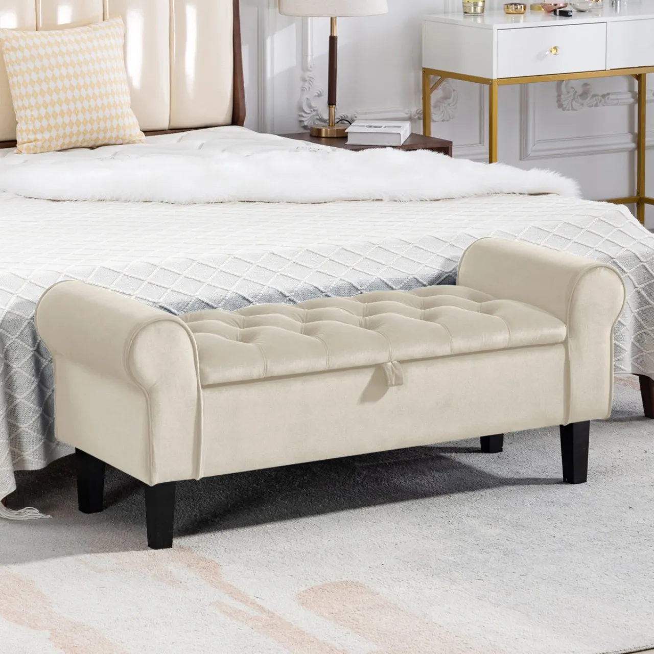 Eco-Nest Essentials Siobahn Beige Velvet Upholstered Storage Ottoman King Size (183 cm) Fabric Stan…