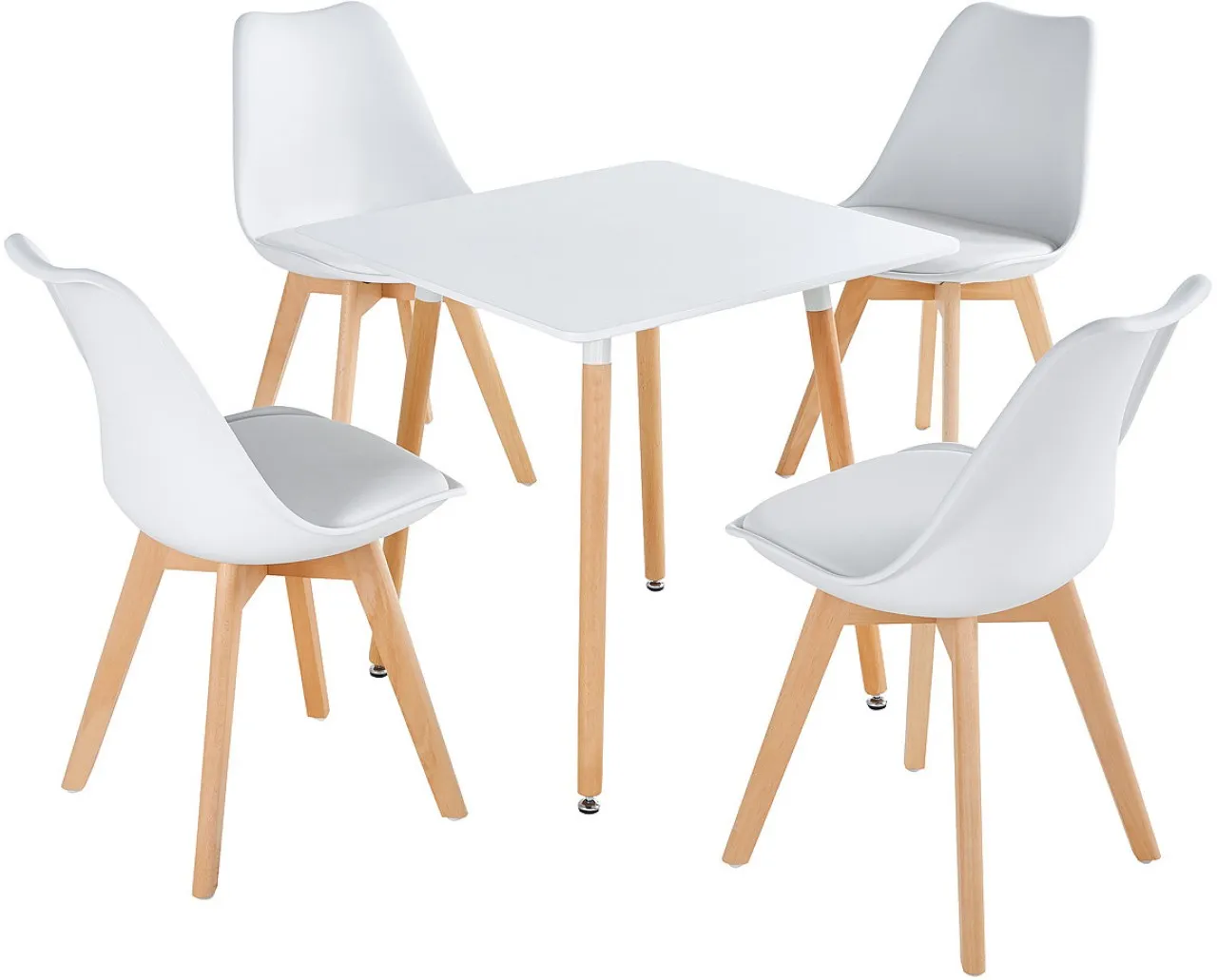 SMTE Dining Suite / Set - Square Dining Table with Four Padded Chairs - White Solid Wood Table & Ch…