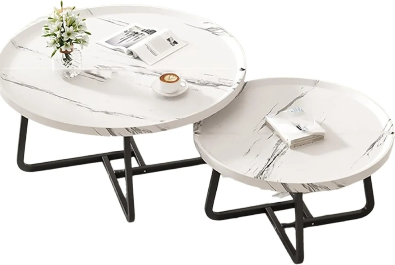 Generic FU3016-70 2-Piece White Marble Table Top with Black Metal Leg Coffee Table Set 40x50cm and …
