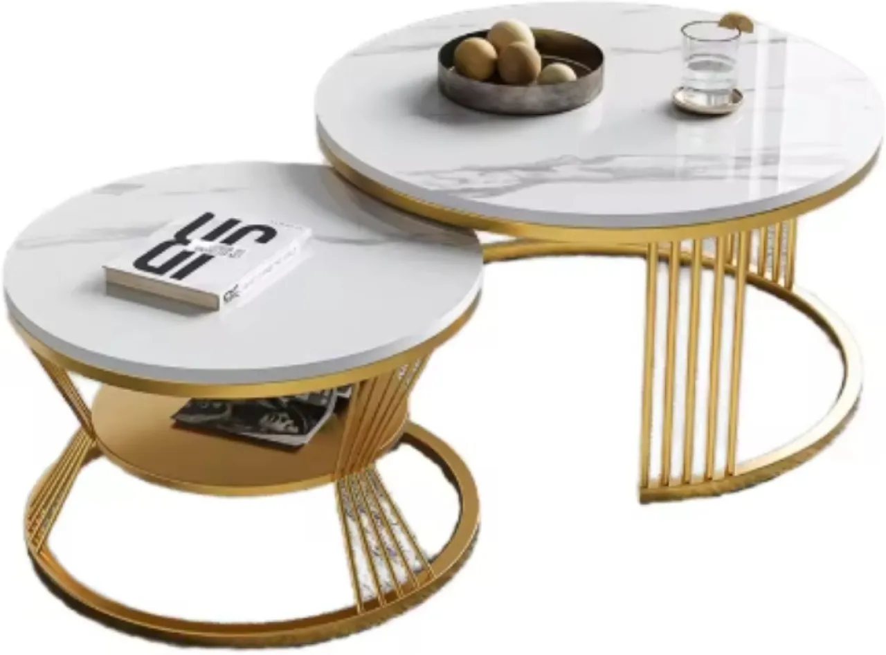 Generic FU3033 2-Piece Coffee Table with White Marble Top and Gold Metal Frame Set Side Table