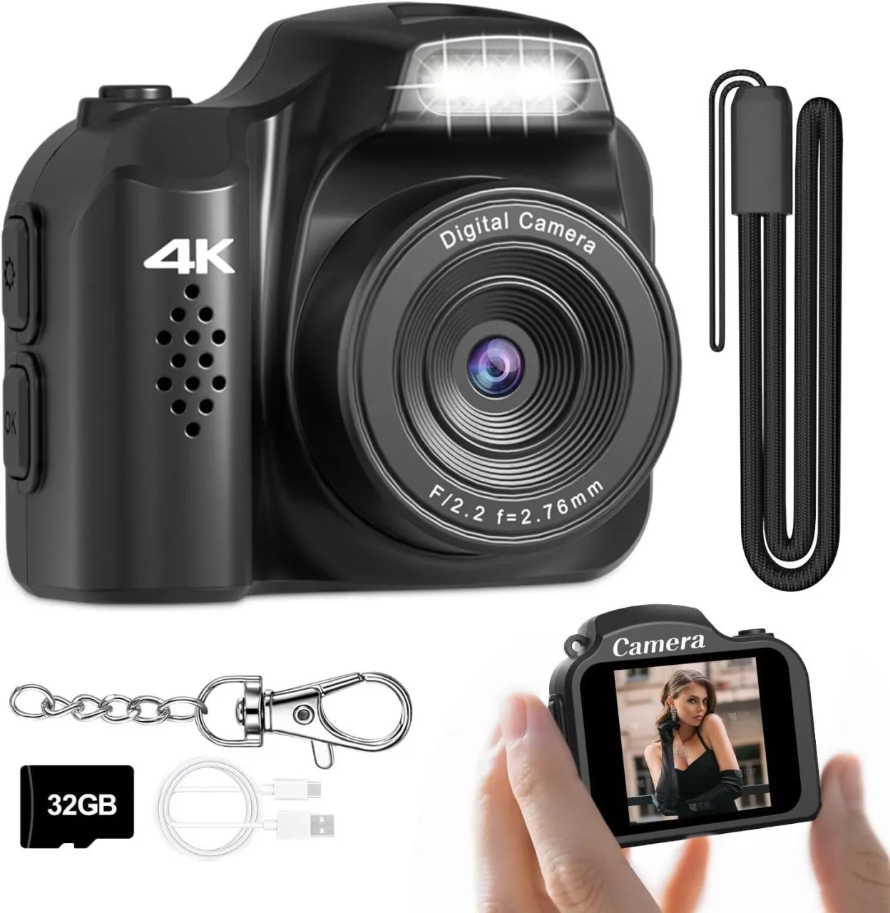 Flycross Mini 4K 64MP Keychain Camera, Vintage Style Pocket Digital Camera with LED Light and 32GB …