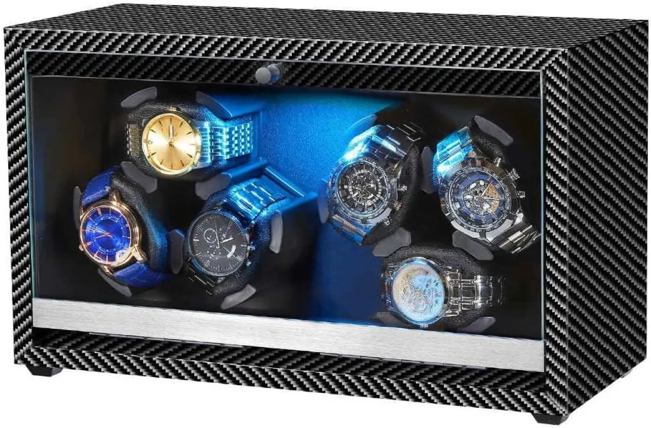 Flycross Watch Winder 6 with LED and Super Quiet Motor 4 Rotating Modes, Wooden Watch Storage Case …