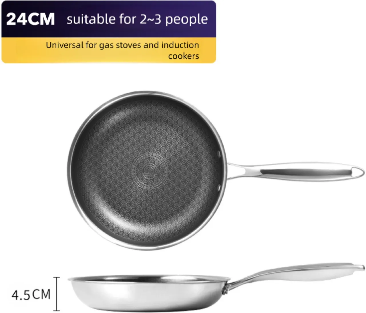 Huanix 24CM Frying Pan 316 Stainless Steel 7-Layer Clad Diamond Non-Stick 99% Pan 1 L capacity