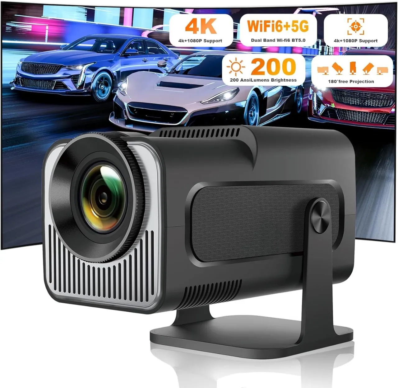 Flycross Mini Projector, HY320 Portable Projector, Support 4K 1080P with Dual-Band WIFI6 5G Wireles…