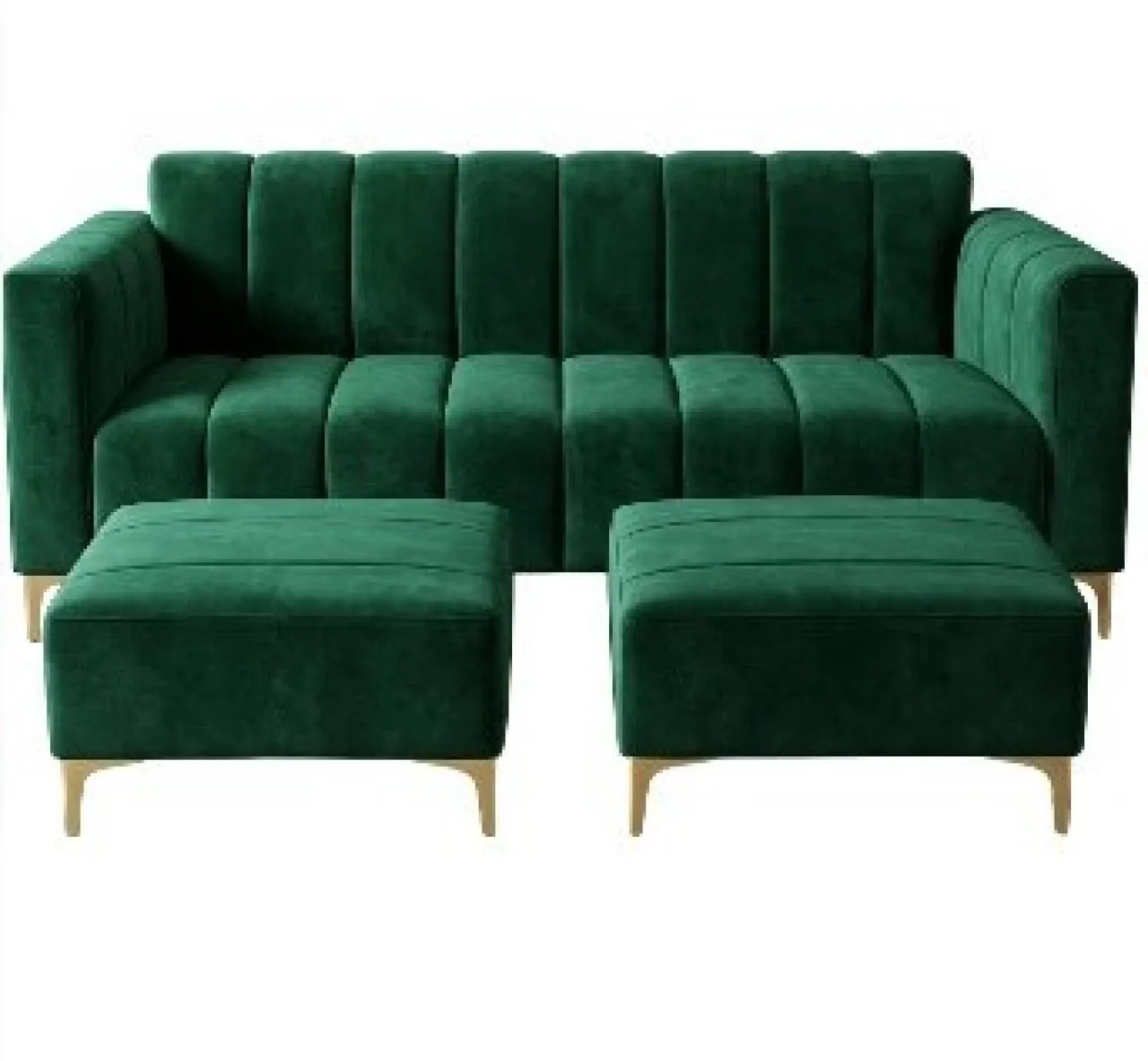 ONE Luxury Green Velvet 3-Seater Sofa with Ottoman Set | Modern Channel Tufted Living Room Couch Ve…
