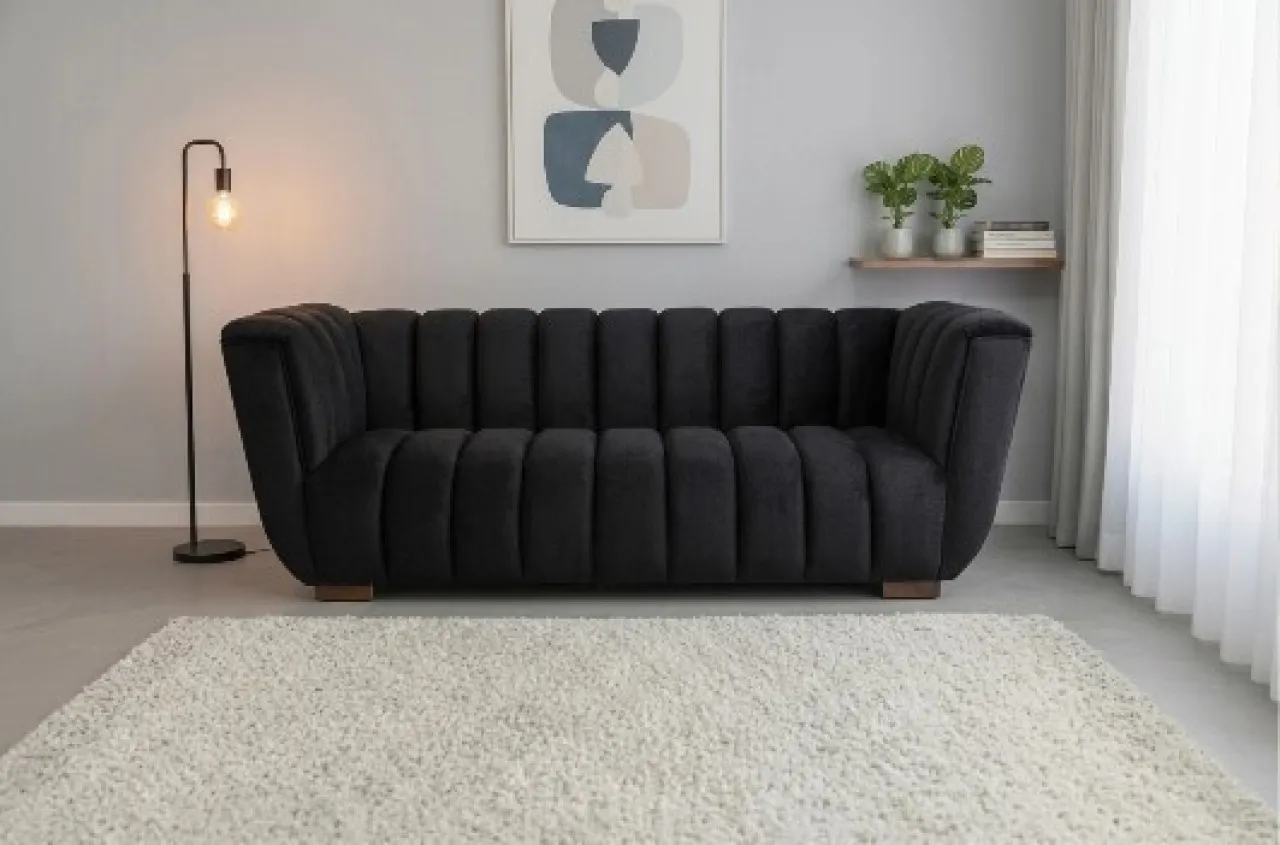 ONE Luxury Black Velvet 3-Seater Sofa | Modern Channel Tufted Upholstered Couch for Living Room Vel…