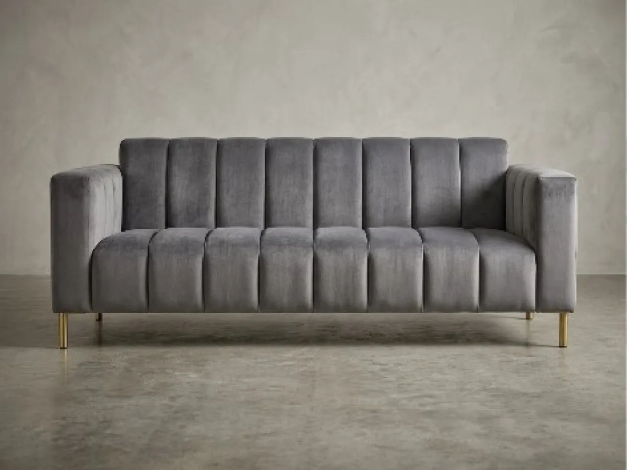 ONE Luxury Grey Velvet 3-Seater Sofa | Modern Channel Tufted Upholstered Couch with Gold Legs Velve…