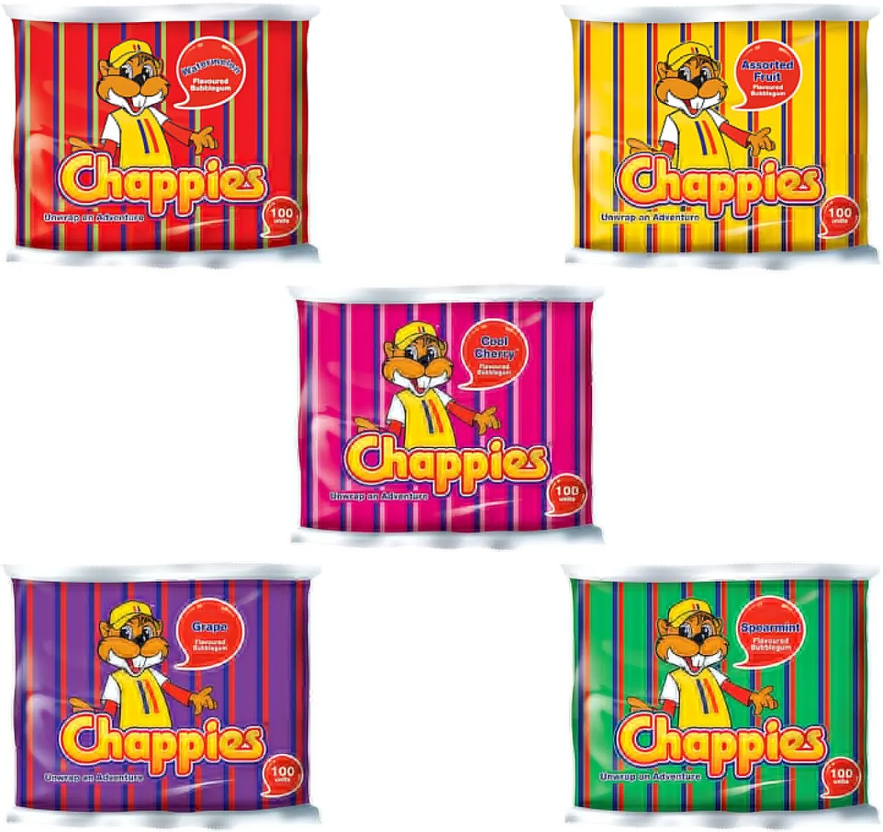 Chappies 5x100 Flavoured Bubblegum Chewing Gum Candy Treats Bag