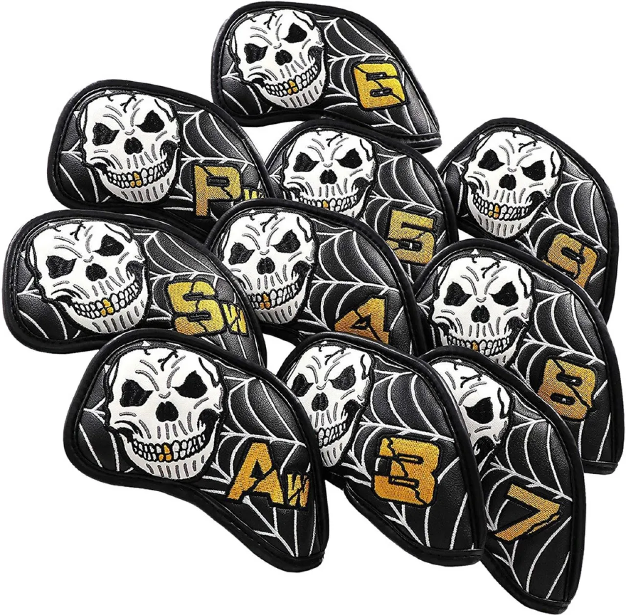 ALANES 10 Piece PU Leather Skull Pattern Golf Club Iron Head Covers Set Golf Kit
