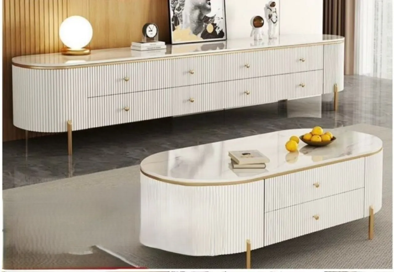 Modern Marble Top TV Stand & Coffee Table Engineered Wood TV Entertainment Unit