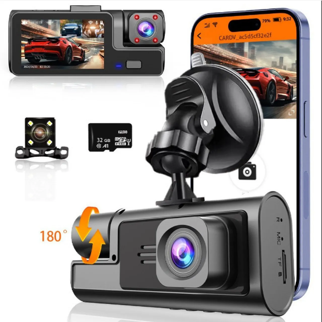 marevic Three-lens driving recorder with WIFI, with 32G memory card, loop recording before and afte…