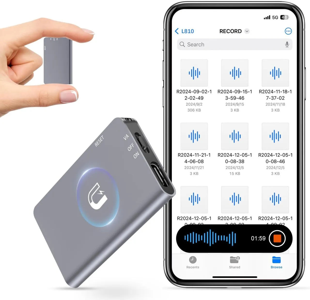 Locateluxe 64GB Magnetic Digital Voice Recorder - 40 Hours Continuous Recording Device Voice Activa…