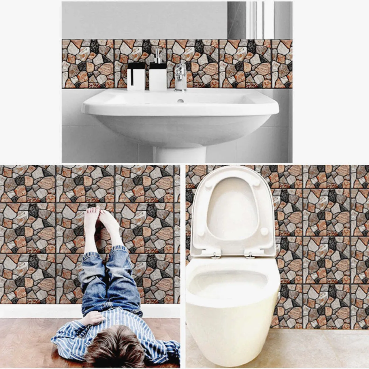Heartdeco 6Pcs PVC 3D Tile Self Adhesive Wall Decor Panels-Cobblestone Pack of 6