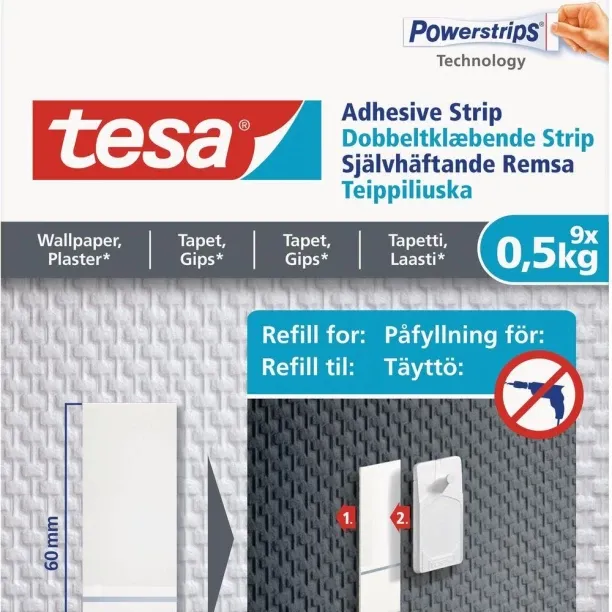 TESA Powerstrips Sensitive Surface 0.5kg 9 Adhesive Strips Wallpaper/Plaster Adhesive
