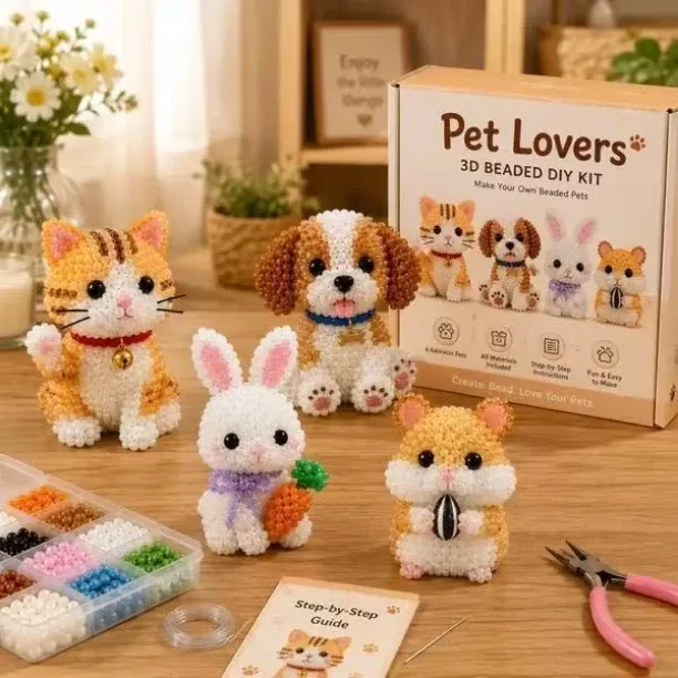 Moucles Pet Lovers 3D Beaded DIY Craft Kit 4‑Piece Set – Cat, Dog, Rabbit & Hamster Handmade Bead M…