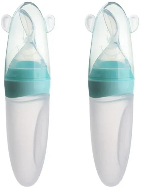 Just Baby 90ML Silicone Baby Squeeze Feeding Bottle with spoon and Lid - Set of 2 - 90 ml