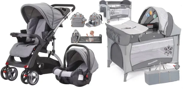 Mamakids Stroller with reversible handle and carrycot + Cot +Bed & Bag