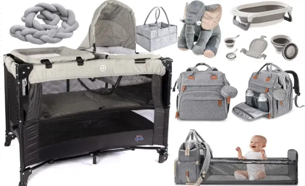Baby Smile Newborn Comb Set Cot + elephant pillow + bed & bag + cot bumper +Bath Tub Set & caddy st…