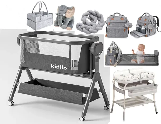 Kidilo Newborn Comb Pliko cot + Bath Tub + Bed & Bag +Cot Bumper +elephant pillow & caddy storage h…