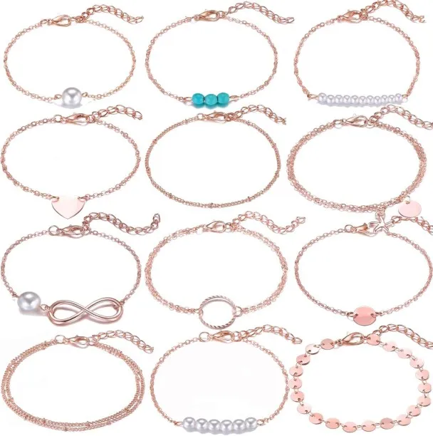 12pcs Simple Silver Gold Bracelets for Women Girls Cute Pearl Bracelet Tiny Charm Dainty Handmade B…