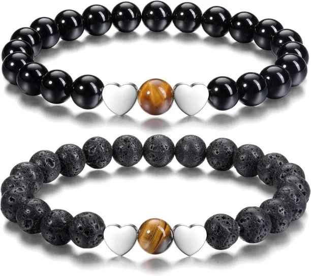 Jovivi 2pcs 8mm Black Obsidian & Lava Rock Stones Crystal Bracelets for Couples Handmade Natural Ro…
