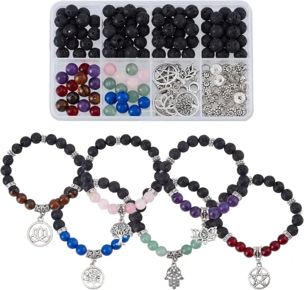 1 Box DIY 6 Pcs Yoga Charms Tree of Life Charms Bracelets Making Kit Hamsa Charm Lotus Flower Charm…