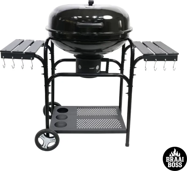 BraaiBoss Premium Charcoal Kettle Braai with Side Tables, Hinged Lid, Warming Rack & Thermometer, C…