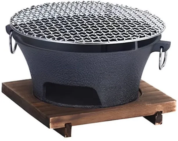 ShopMarket Cast Iron Hibachi Grill - Tabletop Charcoal Braai, Wooden Base Charcoal Braai