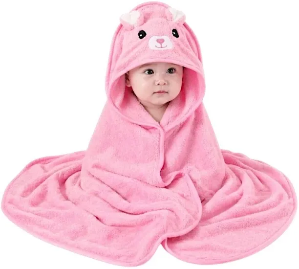 PLUSH (80 cm x 80 cm) Quality Hooded Baby Bath Towel With Cute Animal Design Polyester Bath Towel