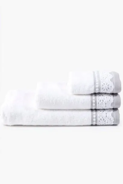 Aura (70 cm x 130 cm) 3 Pack Cotton Lace Trim Multi Towel Set – Soft Luxury Bathroom Towel Set Cott…