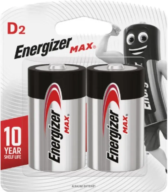 Energizer MAX D2 Alkaline Batteries, 10 Year Shelf Life, 2 Pack Alkaline Battery