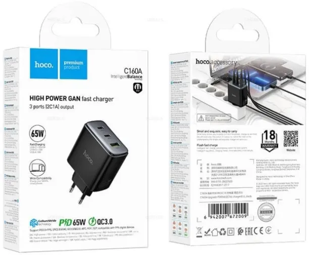 Hoco C160A 65W GaN 3-Port PD & QC3.0 Fast Wall Charger - Black GaN 3.25 A Multiport Mobile Charger