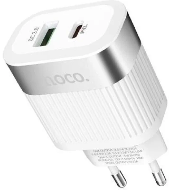 Hoco. Fast Charging Adapter 20 Watt Dual Port USB-C + USB- C58A PD 3 A Multiport Mobile Charger wit…