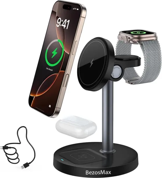 BezosMax 3 in 1 Wireless Charging Station, 15W Fast Charging Stand for iPhone Adaptive Charging 15 …