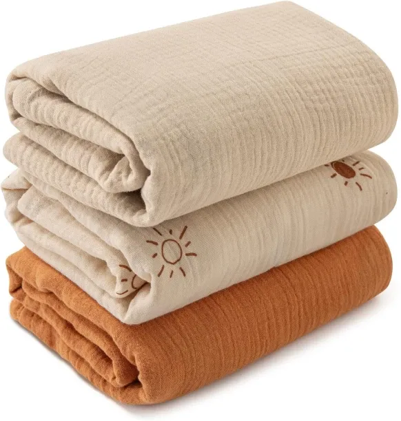 OMGift (95 cm x 100 cm) Muslin Swaddle Blankets for Newborn, 3 Pack Breathable Soft Receiving Blank…