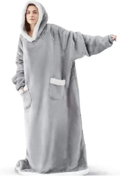 NLS HOMEWARE (7 cm x 5 cm) Fleece Hoodie Warm-Wear Onesie Extra Length - Grey (Fleece Blanket)