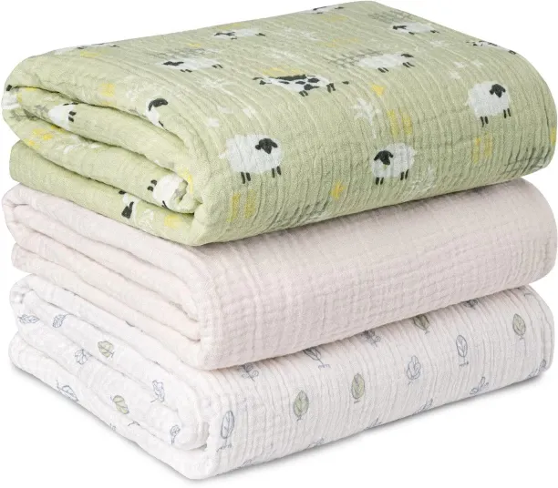 OMGift (95 cm x 100 cm) Muslin Swaddle Blankets for Newborn, 3 Pack Breathable Soft Receiving Blank…