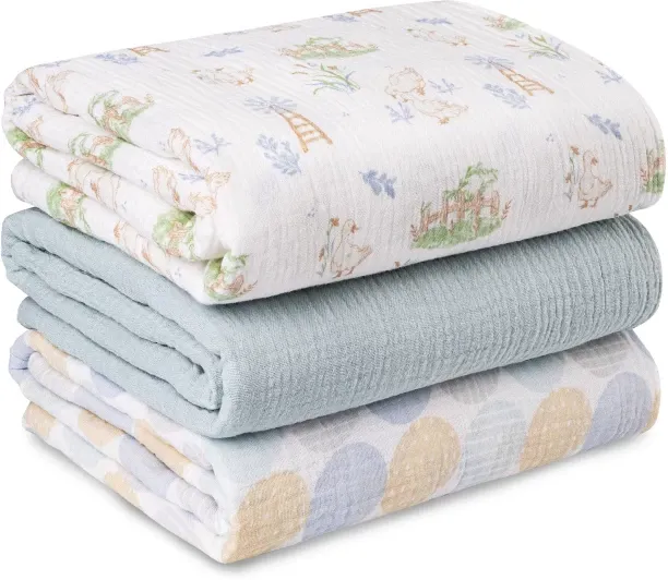 OMGift (95 cm x 100 cm) Muslin Swaddle Blankets for Newborn, 3 Pack Breathable Soft Receiving Blank…