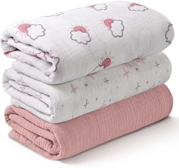 OMGift (95 cm x 100 cm) Muslin Swaddle Blankets for Newborn, 3 Pack Breathable Soft Receiving Blank…