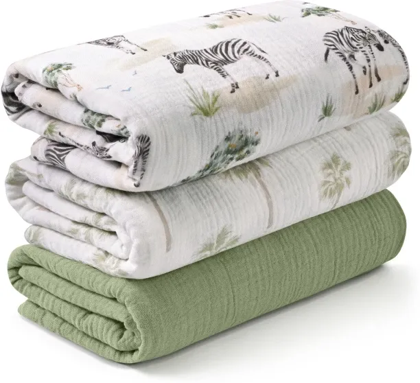 OMGift (95 cm x 100 cm) Muslin Swaddle Blankets for Newborn, 3 Pack Breathable Soft Receiving Blank…