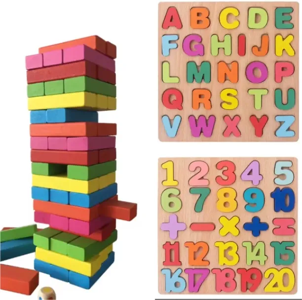 54 Pcs Wood Building Blocks Puzzle Combo set Educational Board Games Board Game