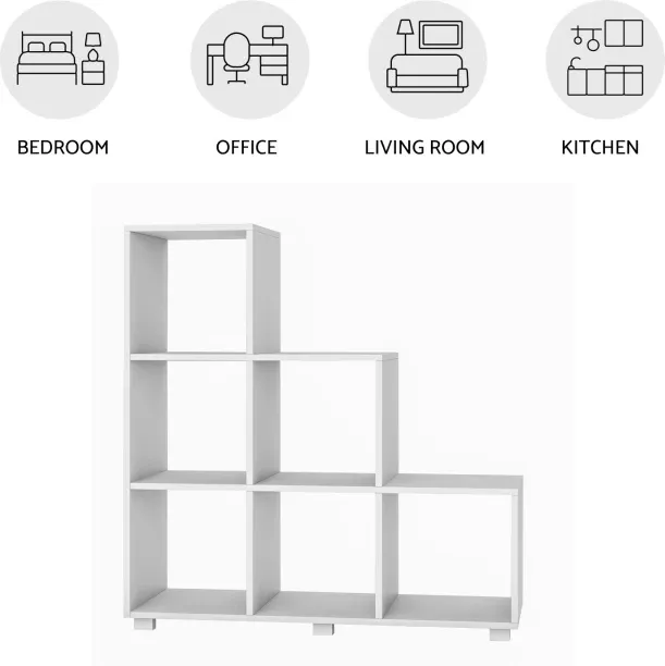 Click Furniture Cascade 6-Cube White Step Bookcase 15mm Melamine boards Freestanding Book Shelf