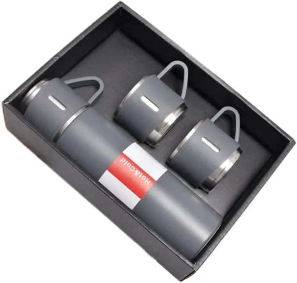 TGT- 500ml Stainless Steel Vacuum Flask Gift Set With 3 Mugs - Grey 500 ml Flask